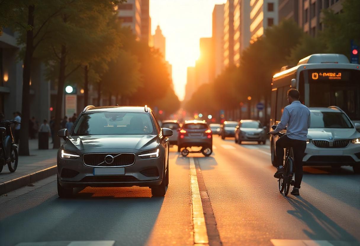 Mobilitätsalternativen im Notfall – Optionen bei Fahrzeugausfall Straßenszene mit defektem Auto und verschiedenen Mobilitätsalternativen wie Mietwagen, E-Scooter, Bus und Fahrrad – Symbolbild für Mobilität nach einer Panne.